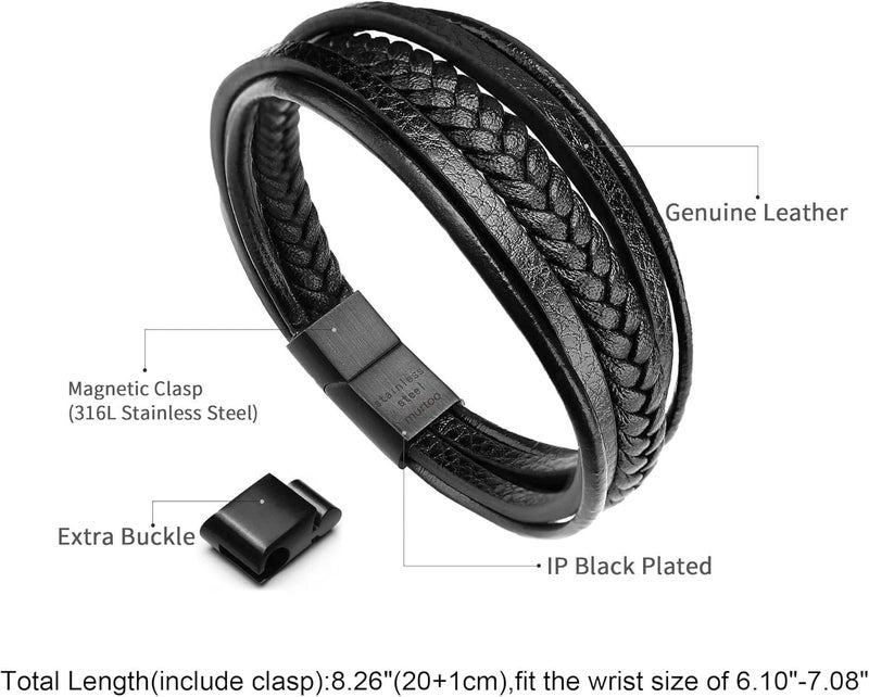 Murtoo Mens Leather Bracelet with Clasp Cowhide Multi-Layer Braided Leather Mens Bracelet - Image 2